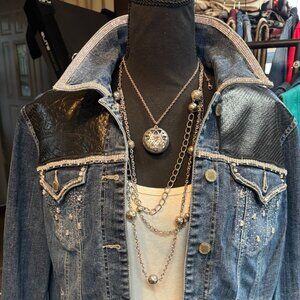Upcycled Western Jean Jacket: B/W cowhide, black fringe & rhinestone accents - L